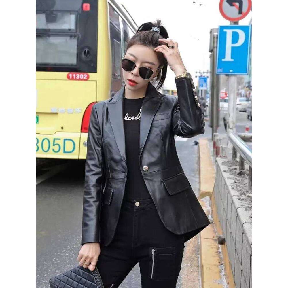 New Designer Office Ladies Back Hollow Out Button Slim Fit Blazer Work Suit Coat Women Natural Sheepskin Genuine Leather Jacket