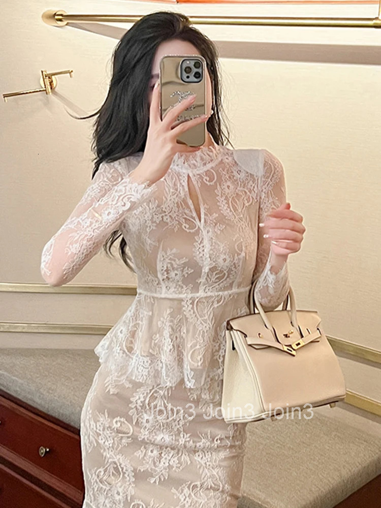 New Spring Autumn Pullover Shirt Women Elegant Lady Chic Lace Sexy Sheer Hollow O-Neck Long Sleeve Slim Mujer Femme Tops Outfits