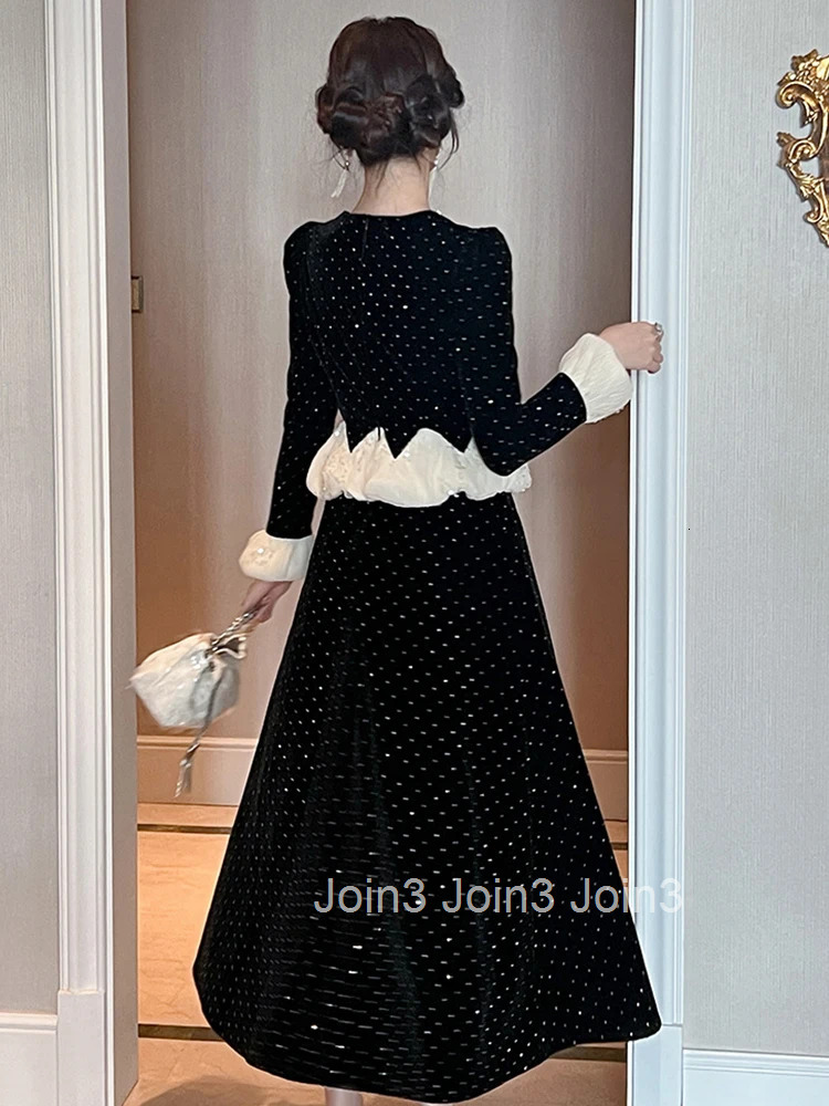 Women Clothes Fake 2-Piece Elegant Luxury Diamonds Black Velvet O-Neck Slim Midi A-Line Dress Fashion Party Prom Vestidos Robe