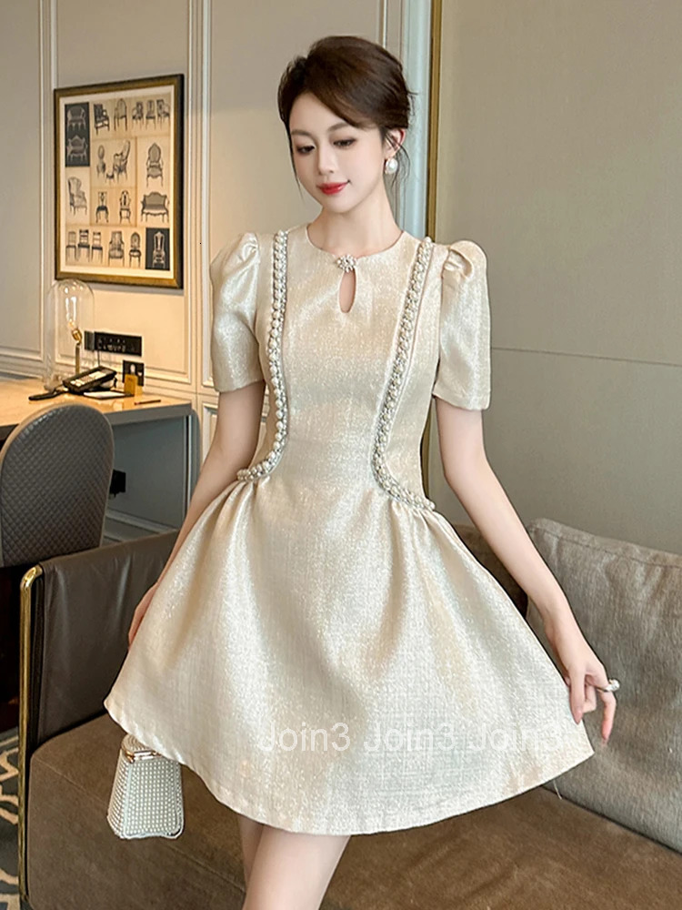New Summer Elegant Luxury Pearl Gown Evening Dress Women Clothes Sparkly Retro Puff Sleeve Slim A-Line Short Party Prom Vestidos