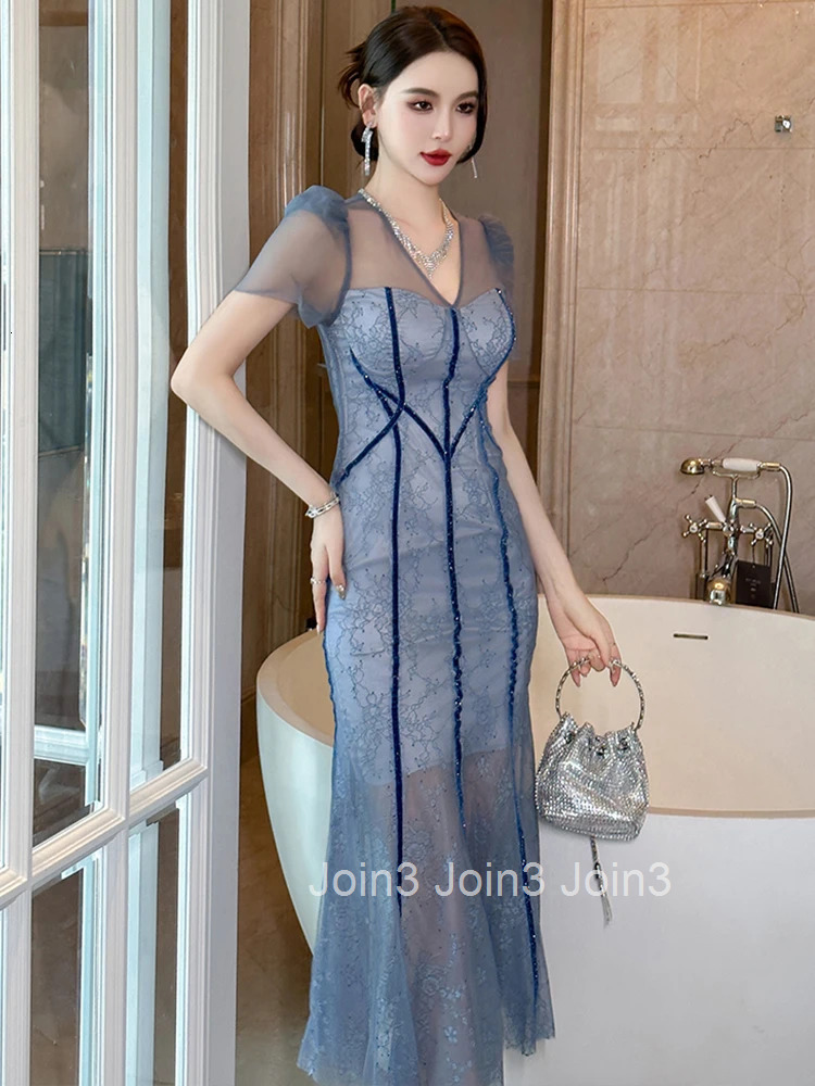 Fashion Lace Summer Evening Long Dress Women Elegant Sweet Sexy V-Neck Wrap Hip Skinny Midi Party Prom Robe Femme Mujer Vestidos