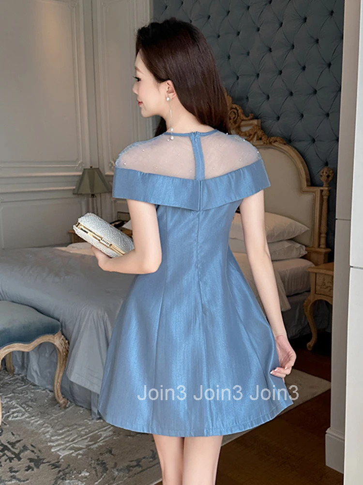 New Summer Retro Satin Short Sleeve Gown Evening Dress Women Clothes Mesh Sheer Sexy O-Neck Slim A-Line Short Party Prom Vestido