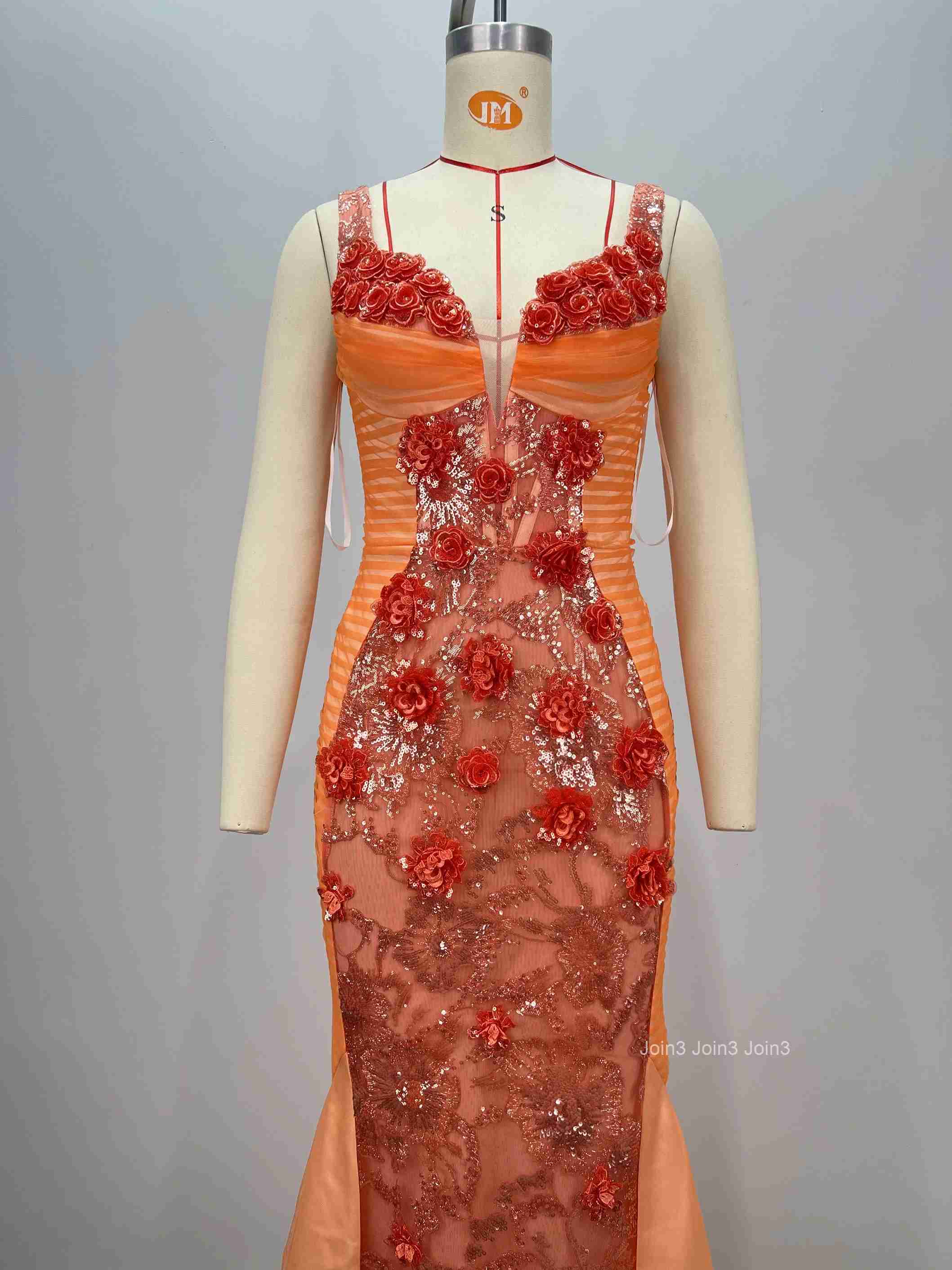 New Luxury Fashion Elegant 3D Flower Sleeveless Spaghetti Strap Long Dress Mermaid Gold Splash Evening Gown