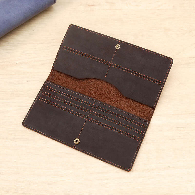 Men's Grain Leather Long Card Holder Multi-Card Slot Crazy Horse Cowhide Multi-Compartment Wallet