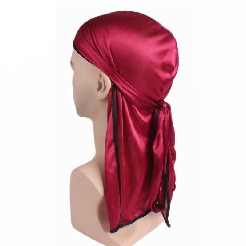 New Men Solid Headwear Headband Pirate Silky Durag do rag Long Tail Headwrap Satin Breathable Bandana Hat Turban Wig Accessories M250623