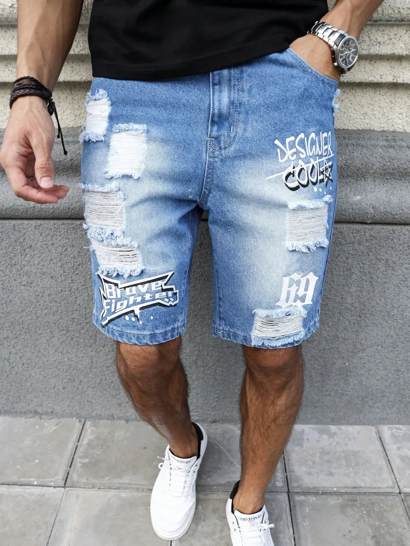 Mens summer blue ripped printed denim shorts. Trendy ripped . Stylish text prints. 250617