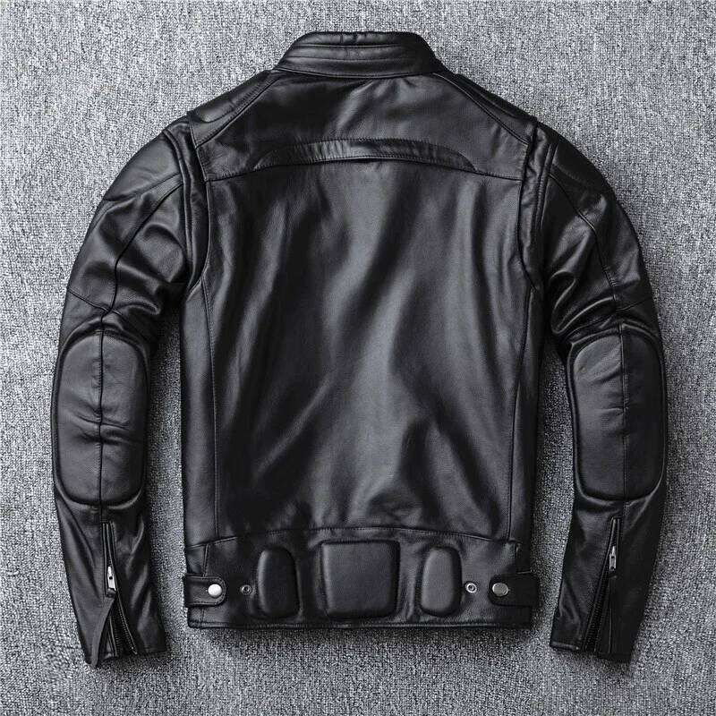 Men's Natural Leather Motorcycle Stand Collar Cropped Autumn Jacket Men Black Calfskin Biker Clothing Removable Lining