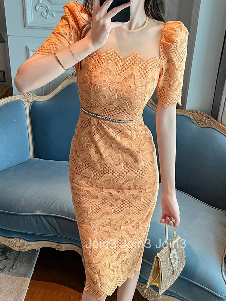 New Fashion Summer Lace Elegant Women Evening Dress Chic Sheer Sexy O-Neck Slim Midi Party Club Prom Robe Femme Mujer Vestidos