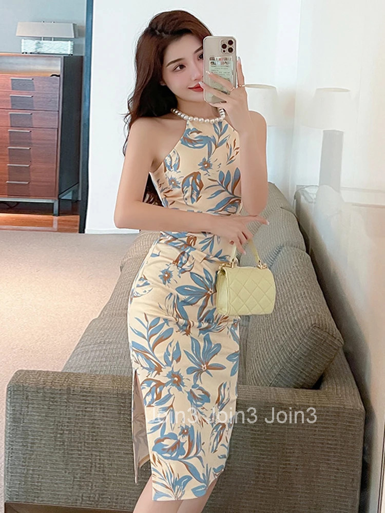 Fashion Women Evening Dress Floral Sexy Sleeveless Bodycon Folds Slit Midi Party Club Beach Stretchy Robe Femme Mujer Vestidos