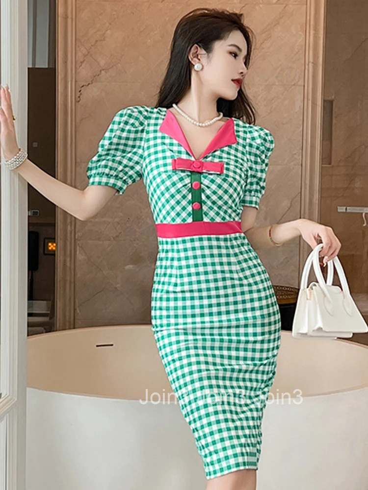 Fashion Summer Formal Pencil Dress Women Ladies Clothes Elegant Pretty Preppy Vintage Plaid Puff Sleeve Slim Midi Mujer Vestidos