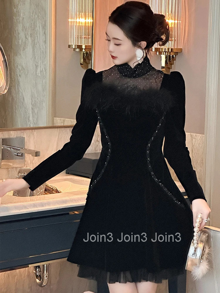 Women Clothes Retro Black Velvet Sheer Mesh Sexy Stand Neck Slim A-Line Mini Short Dress Elegant Fashion Party Vestidos Casual