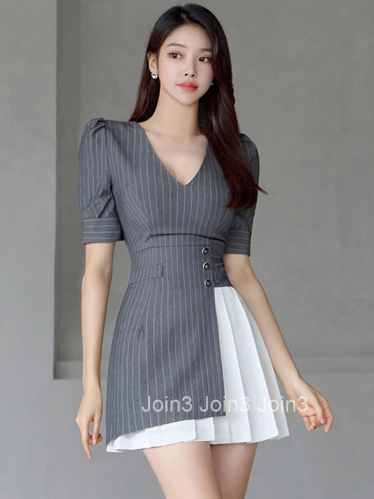 Fashion Vintage Work Style Formal Striped Asymmetrical Short Dress Women Clothes Elegant Office Puff Sleeve Slim Mini Vestidos