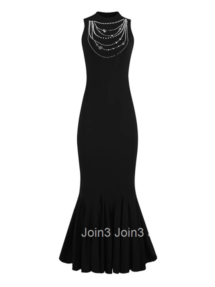 French Style Party Dress Women Luxury Elegant Black Sexy Vest Bodycon Long Fishtail Robe Female Evening Prom Vestidos Dance Host