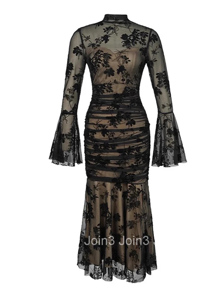 Fashion Mesh Sexy Long Evening Dress Women Ladies Chic Flare Sleeve Skinny Maxi Party Prom Robe Mujer Vestidos Elastic Clothing