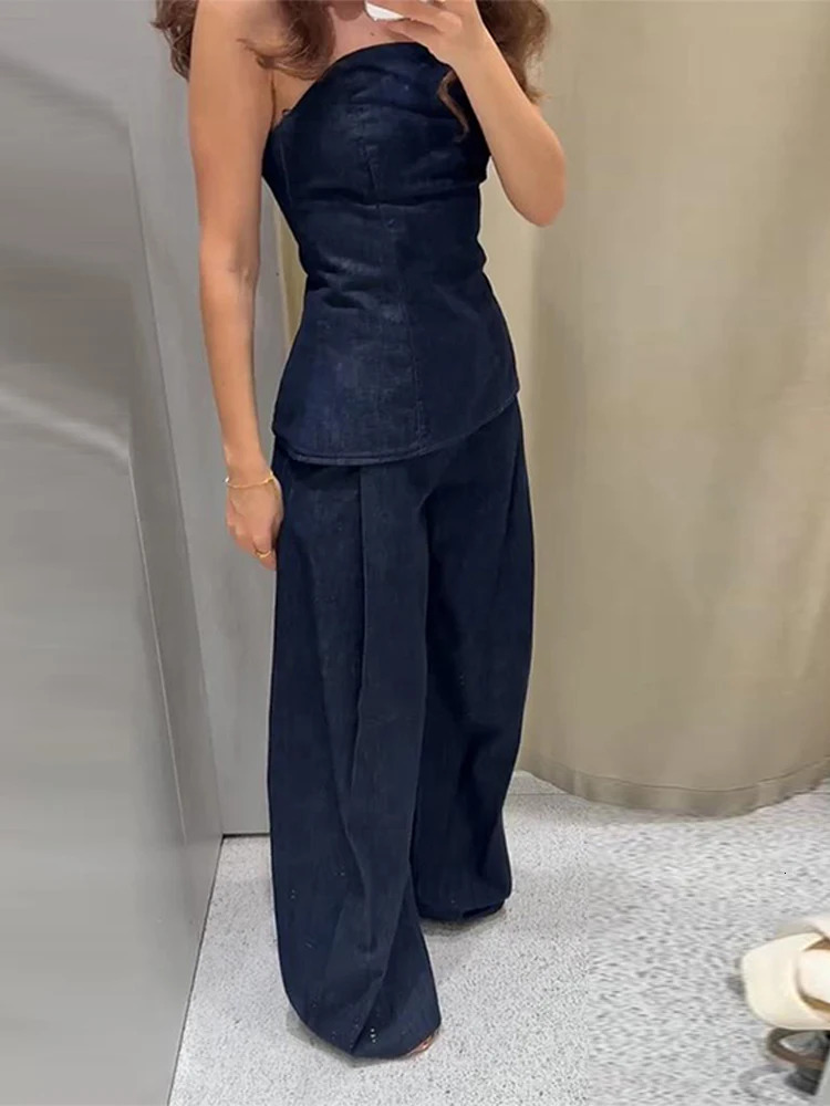 Vintage Denim Pants Suits Set Strapless Top Matching High Waist Wide Jeans Summer Female Chic Casual Daily Two Piece Outfit 250616