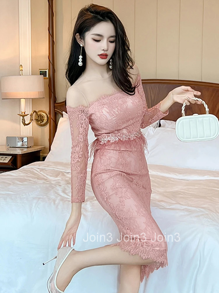 Fashion Pink Lace Long Evening Dress Women Ladies Clothing Chic Sweet Sexy O-Neck Slim Midi Party Prom Robe Femme Mujer Vestidos