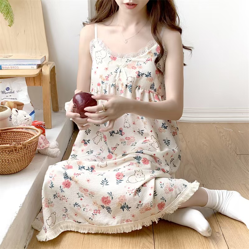 2025 women's models spring and summer sweet ins style halter mid-length loose nightgown female home dressred Kingfisher Rabbit