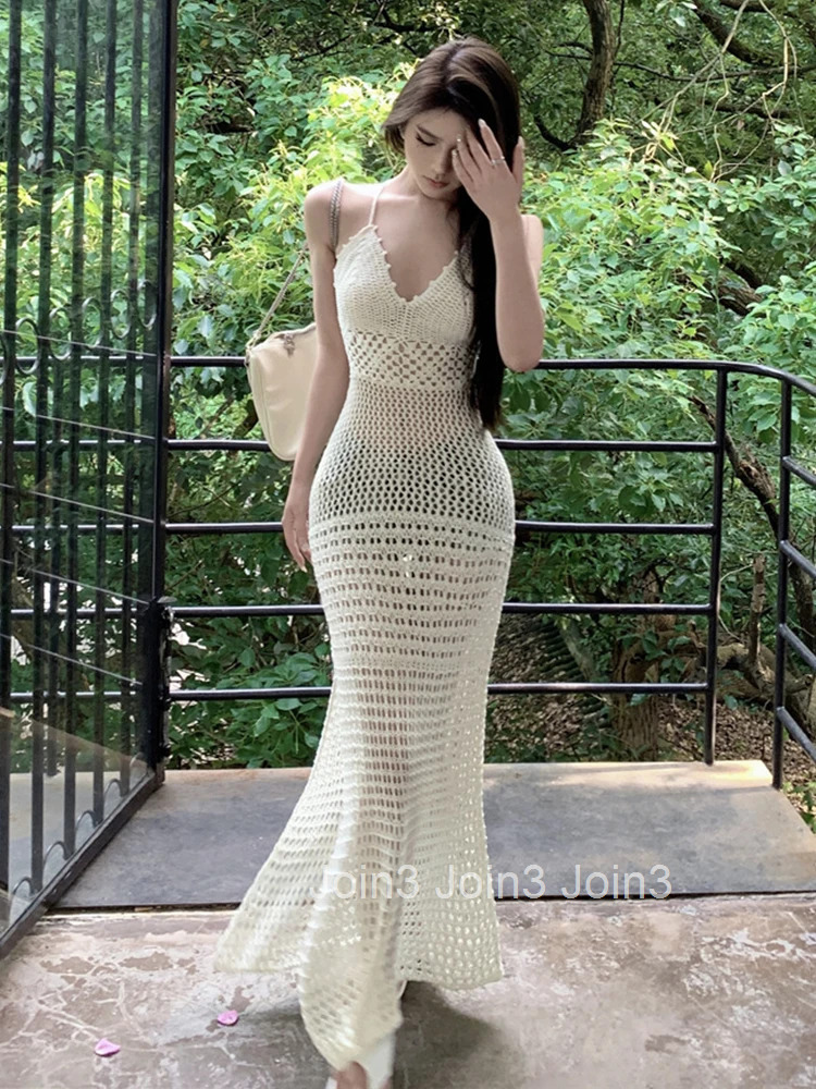 Summer Women Clothing Long Vacation Dress Pretty Knitted Chic Sheer Sexy Backless Skinny Maxi Robe Mujer Vestido Bikini Cover Up