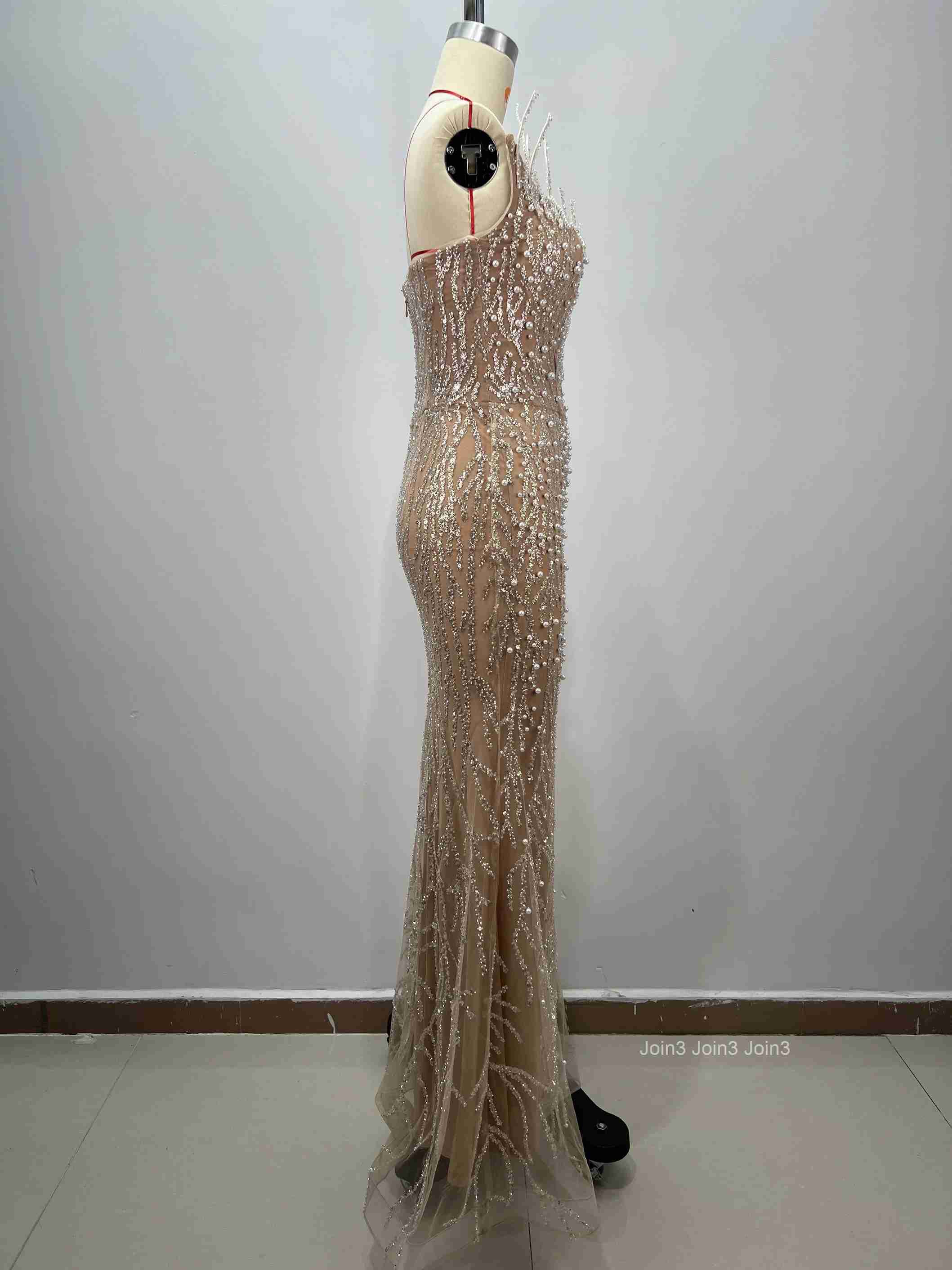 Womens Gold Sequin Bandage Dress Strapless Sheer Tulle Mermaid Evening Gown Beaded Embroidery Deep V Backless Fishtail Formal P