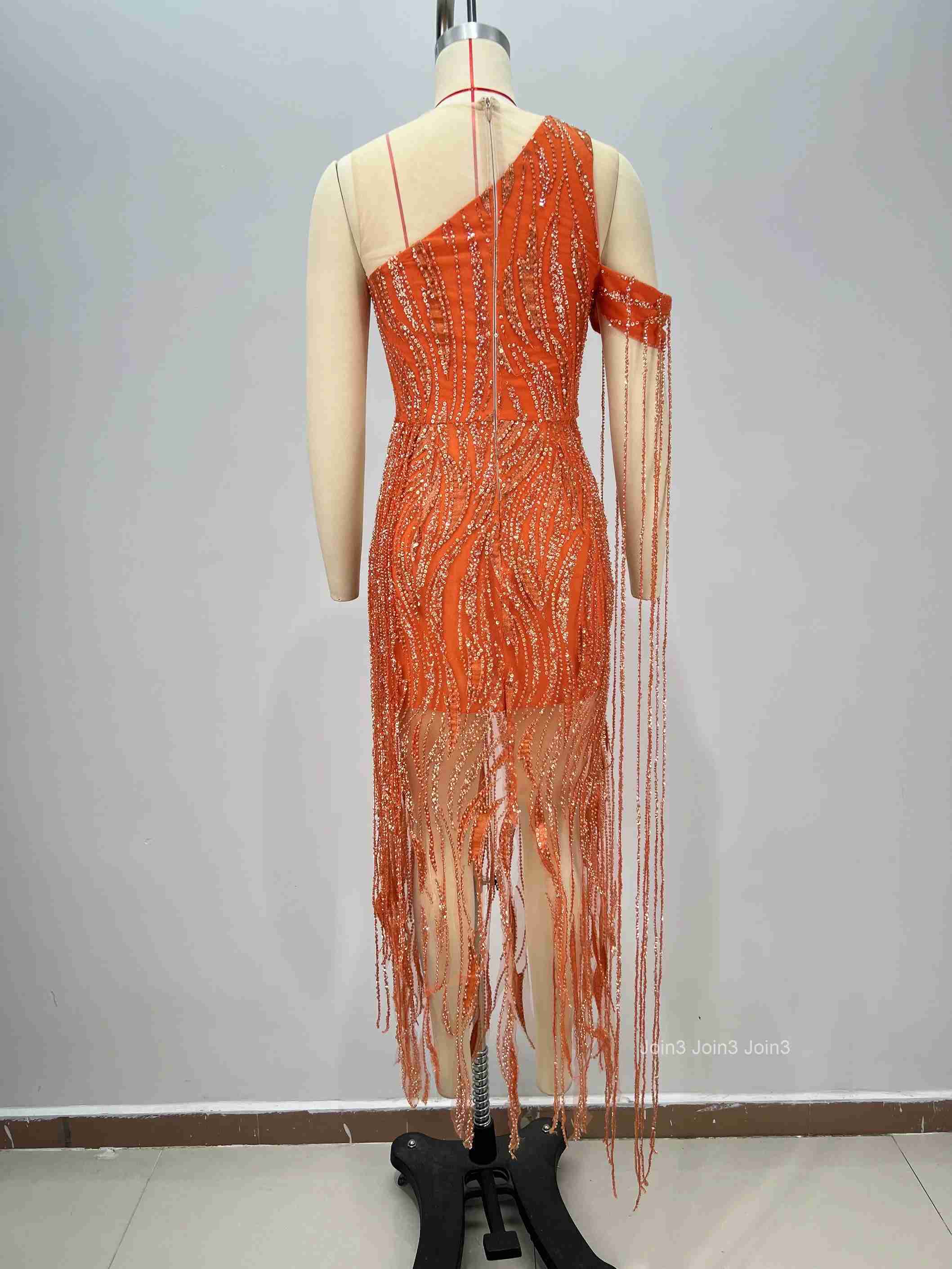 Womens Red Orange Bandage Dress One Shoulder Sequin Fringe Cut-Out High Slit Evening Gown Formal Party Wear