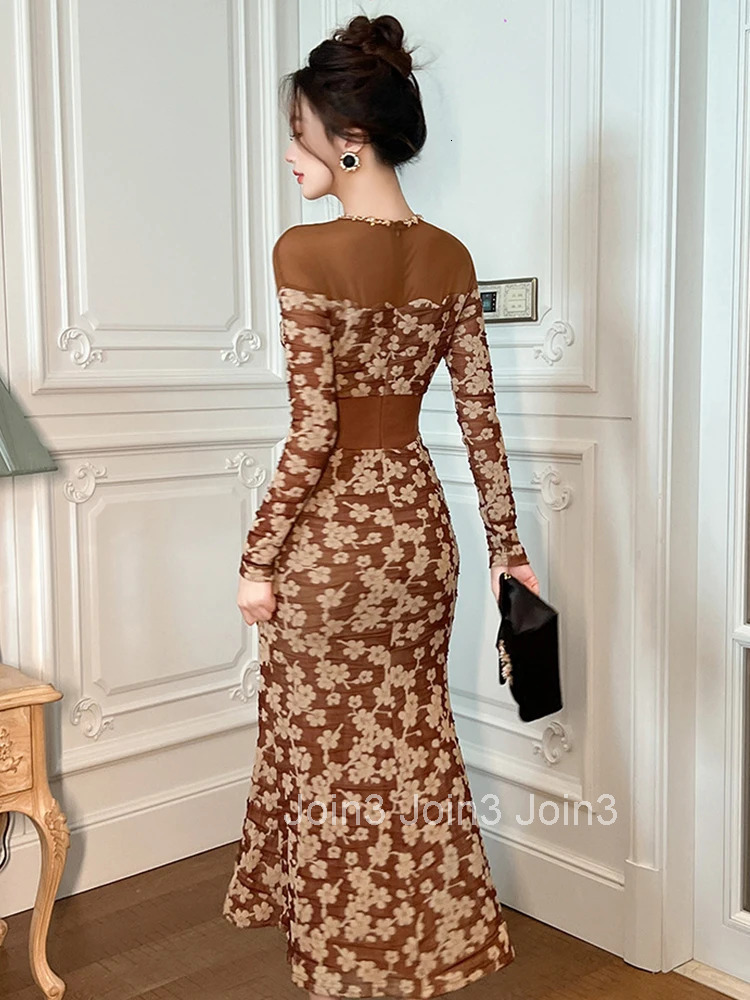 Women Clothes Fashion Elegant Luxury Floral Evening Dress Retro Sheer Sexy O-Neck Corset Skinny Long Robe Party Prom Vestido New