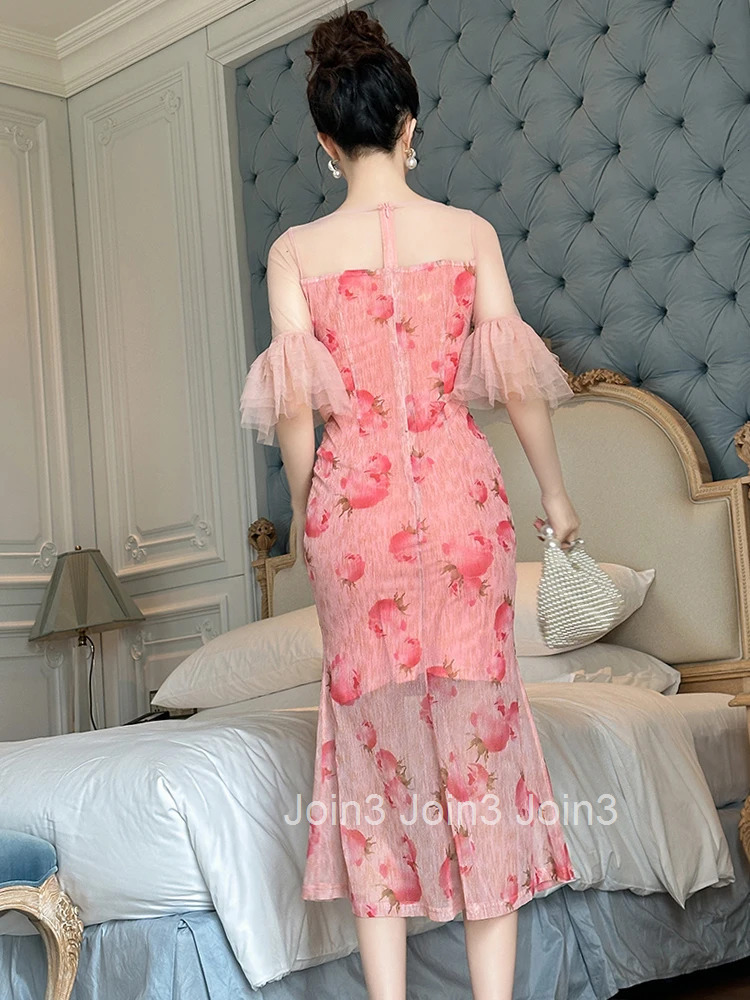 Summer Fashion Mesh Pink Floral Print Vacation Evening Dress Women Clothes Elegant Sweet Sheer Sexy O-Neck Skinny Party Vestidos