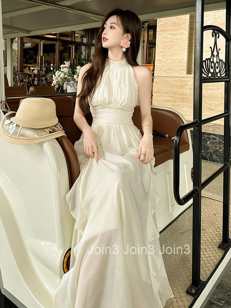 Summer Chiffon Sweet Ruffle Vacation Evening Dress Women Clothes Elegant Sexy Halter Corset A-Line Long Robe Party Prom Vestidos