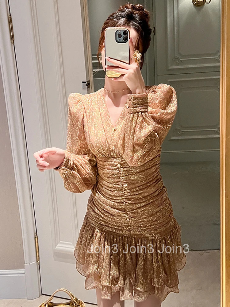 Women Clothes Fashion Sparkly Gold Bright Silk V-Neck Skinny Mermaid Short Dress Elegant Ladies Vintage Party Prom Vestido New