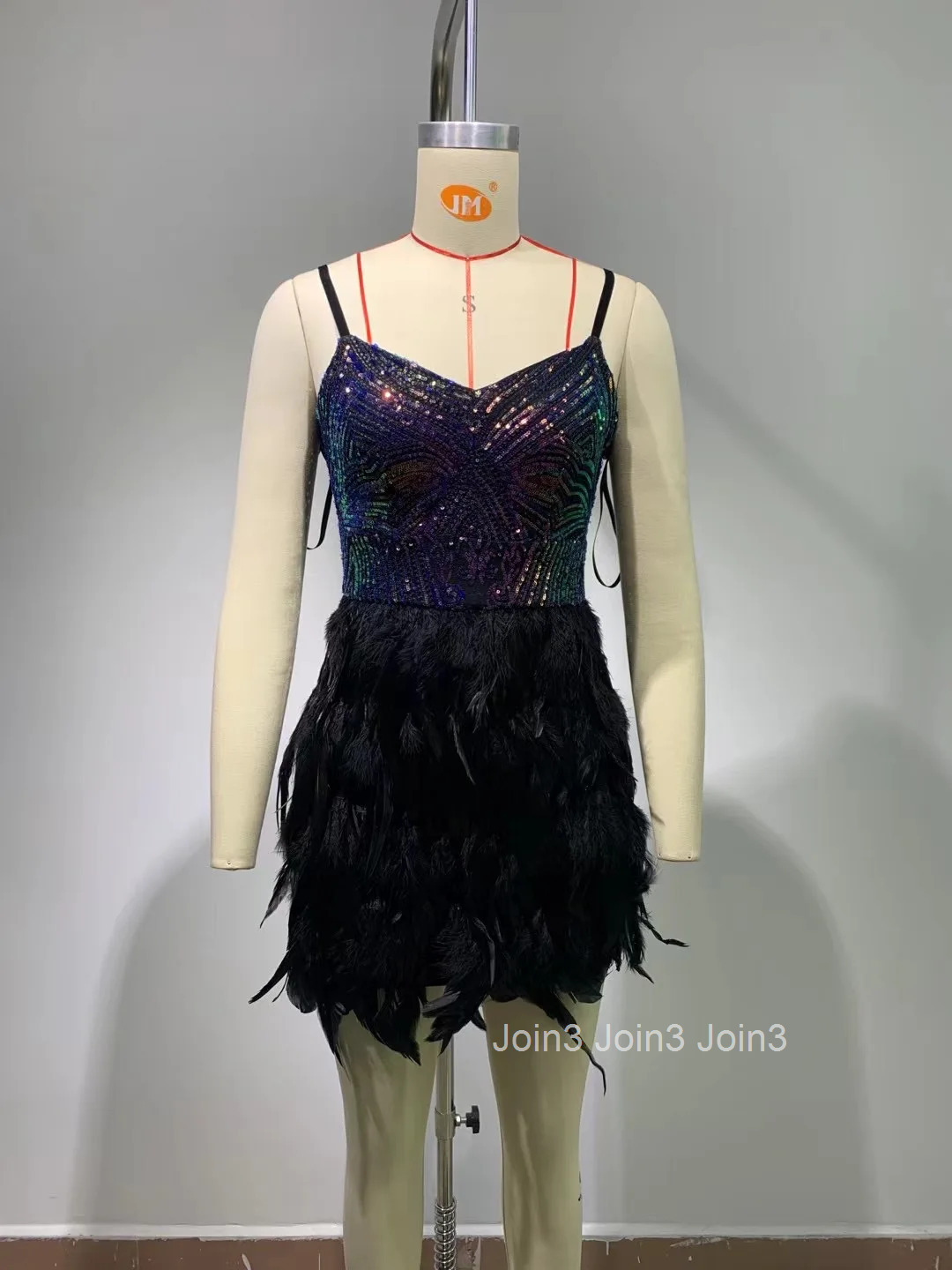 Fashion Dress For Women Chic Feather Colorful Sequins Sling Skirt V-neck Sundress Birthday Party Club Clothing(72h Shipment)
