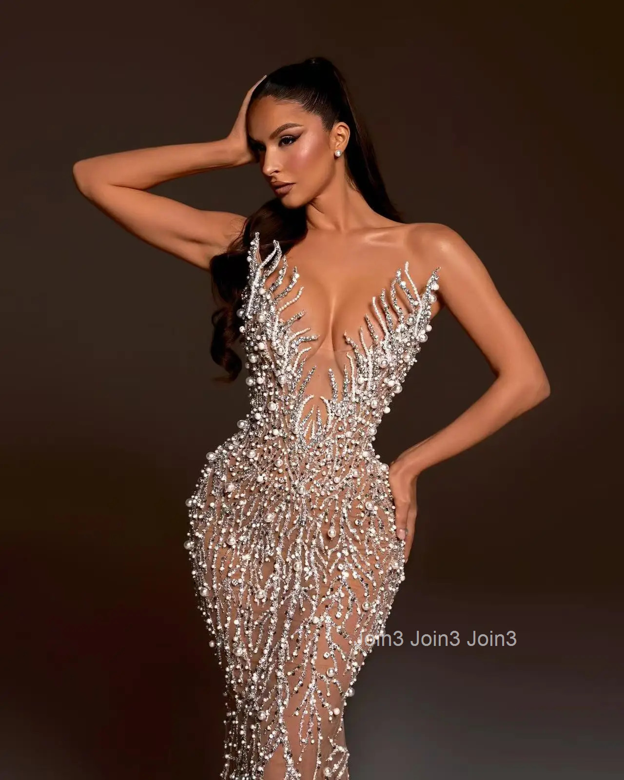 Womens Gold Sequin Bandage Dress Strapless Sheer Tulle Mermaid Evening Gown Beaded Embroidery Deep V Backless Fishtail Formal P