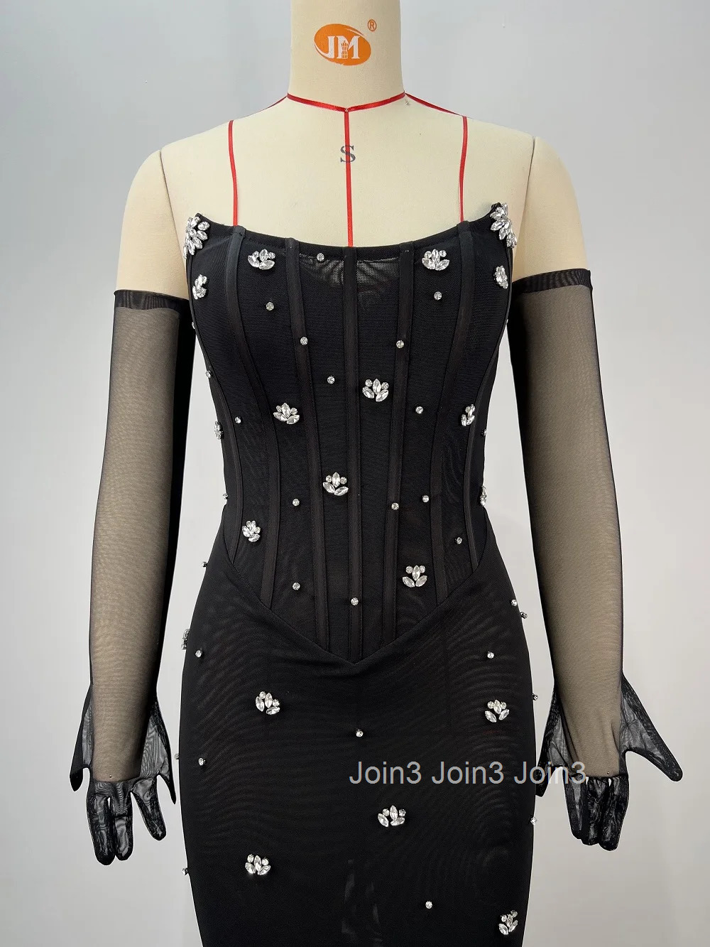Black Elegant Strapless Dress Gloves U-Neck Diamonds Decoration Fashion Womens Clothing Chic Evening Party Gown 72h Shipment