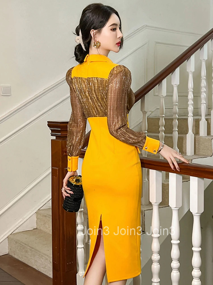 New Spring Fashion Lady Elegant Office Formal Occasion Dress Women Clothes Commute Lapel Patchwork High Waist Hip Wrap Vestidos