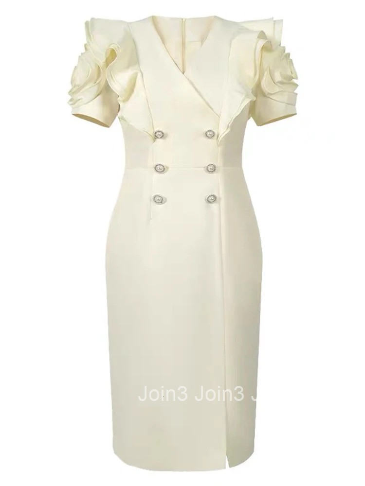 New Summer Fashion Elegant Office Formal Occasion Pencil Dress Women Clothes Commute Ruffle Puff Sleeve V-Neck Slim Midi Vestido