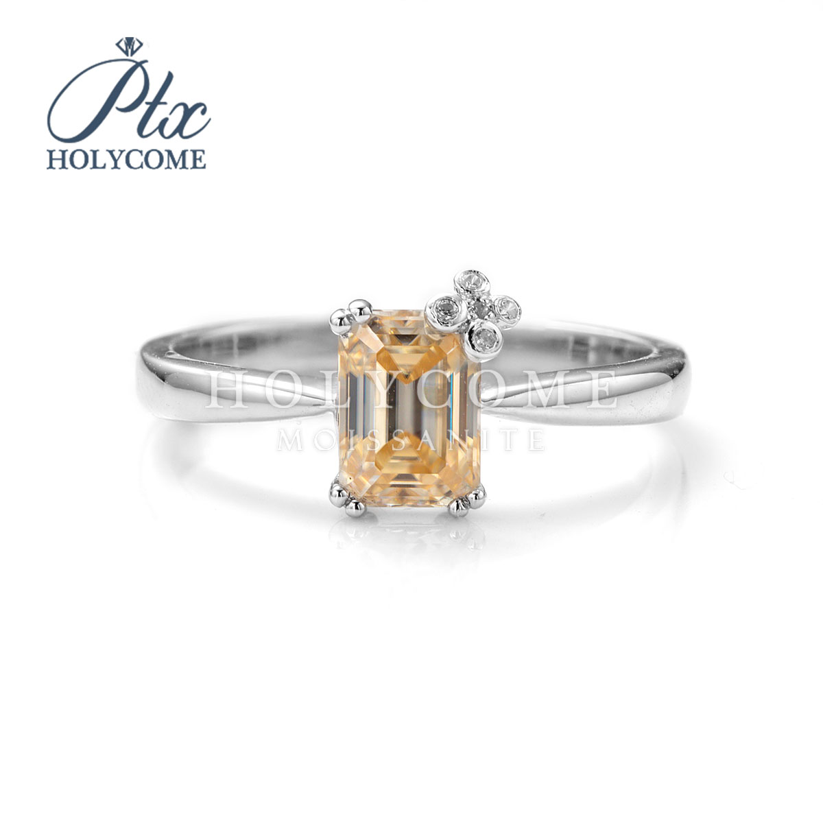 Wholesale Jewelry Rings Champagne Color 1ct Four-Claw Square Emerald Cut Moissanite 925 Sterling Silver Solitaire Wedding Ring for Woman