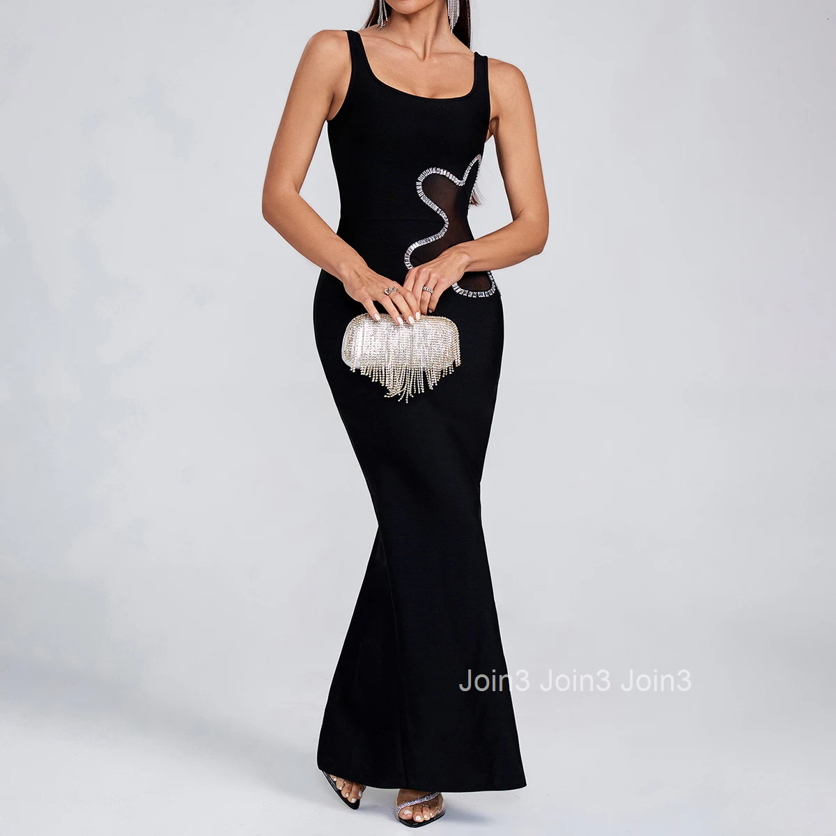 Black Bandage Dress For Women Fashion Waist Side Gauze Splicing Diamonds Decoration Design Long Skirt Evening Party Vestidos