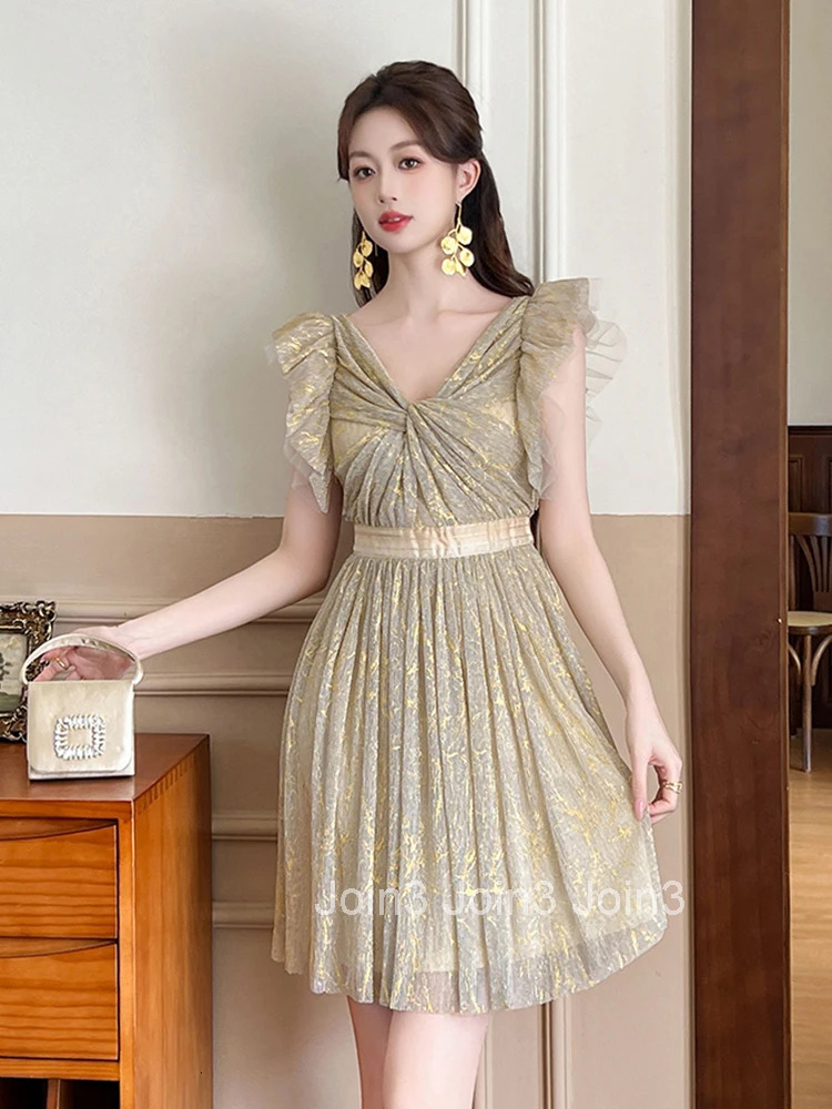 New Summer French Flying Sleeve Ruffle Mesh Fairy Evening Dress Women Clothes Sweet Sexy V-Neck Slim A-Line Party Prom Vestidos