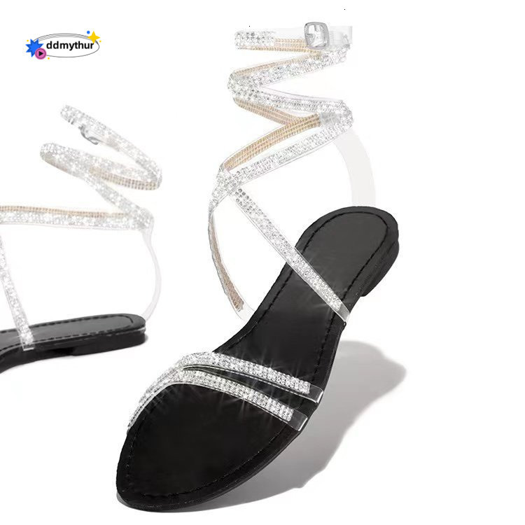 2021 Summer Rhinestone Flat Sandals for Women with Wrapped Straps ddmythur
