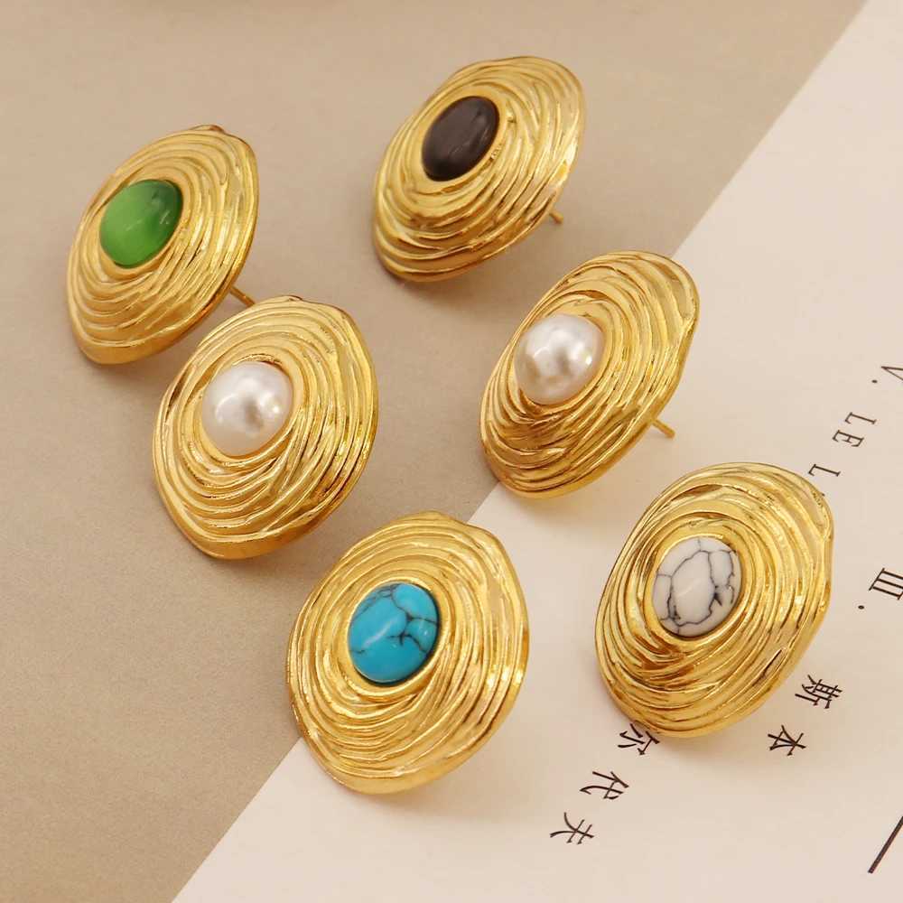 316L Stainless Steel Texture Cutout Inlaid Turquoise Stud Earring for Women Summer Beach Imitation Pearl Earrings Girl JewelryXJ250623