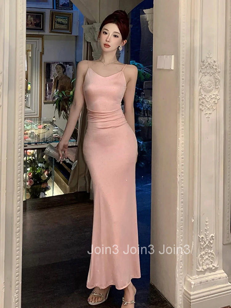 New Summer Fashion Pink Sweet Vacation Evening Fishtail Long Dress Women Clothes Sexy Strap Slim Party Prom Vestidos Robe Femme