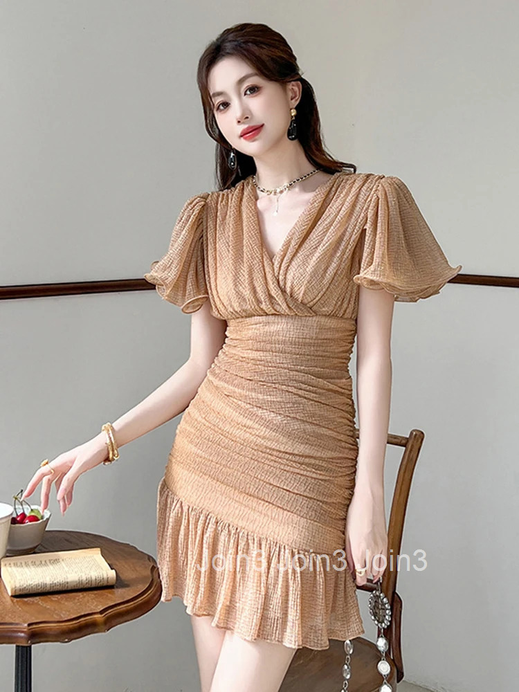 Elegant Fashion Sparkly Gold Bright Silk Mermaid Dress Women Clothes Summer Ruffle Sleeve Slim Party Club Prom Vestidos Fiesta