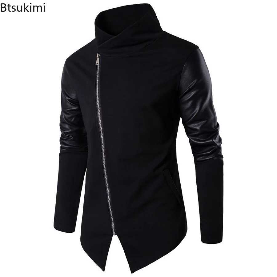 Fashion Stand Collar Leather Patchwork Knitted Jacket for Men Spring Autumn Punk Style Motorcycle Zip Coat Handsome Men Clothing W250623