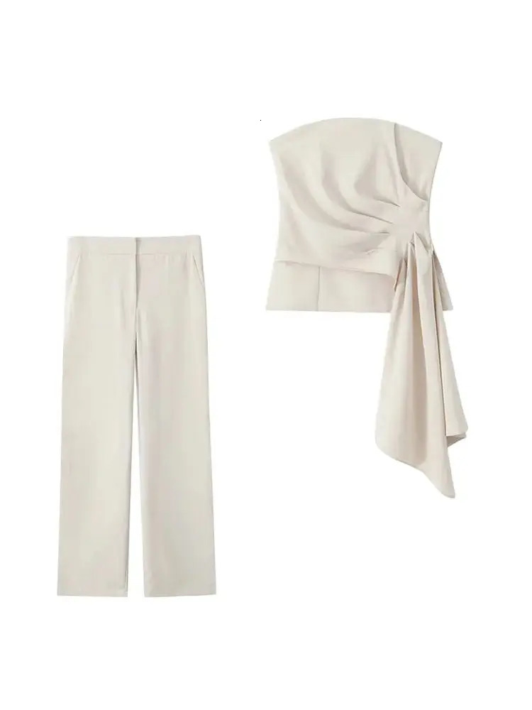 TRZA Women Fashion Draped Strapless Bustier Tops And High Waist Side Pockets Flared Pants Female Two Piece Sets Mujer 250616