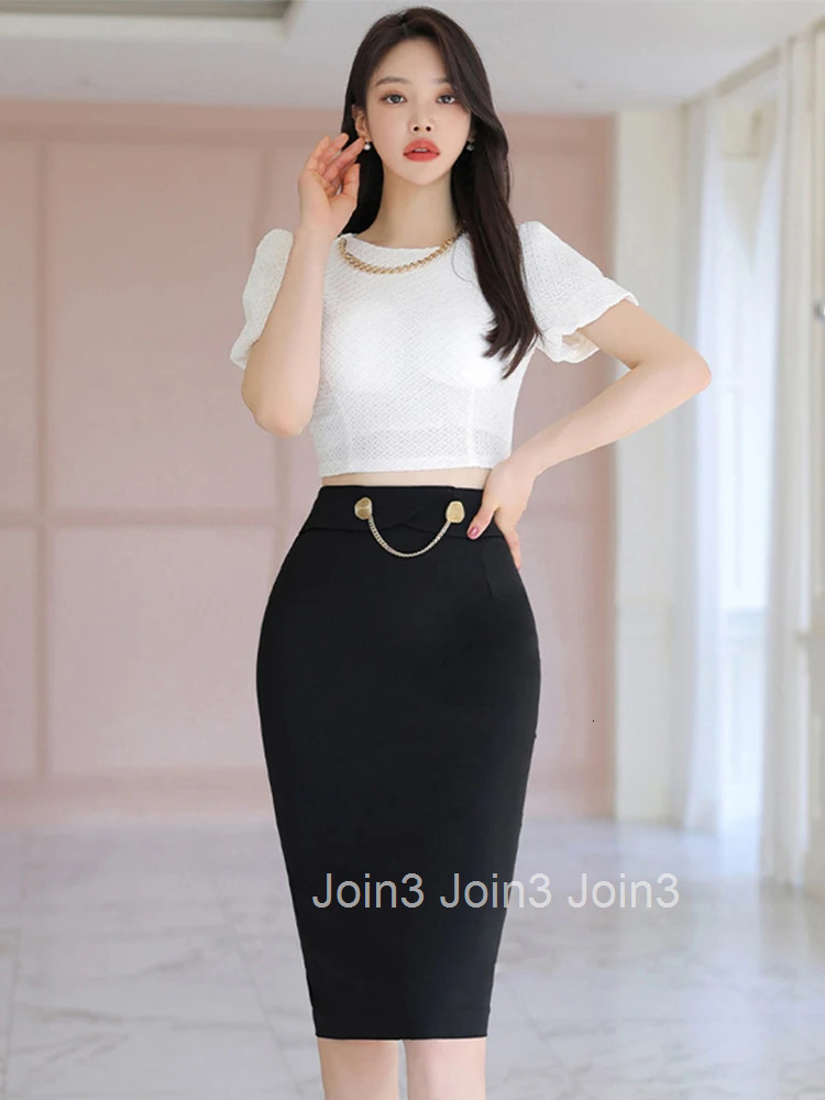 Summer Sexy 2 Pieces Outfits Women Clothes Elegant Puff Sleeve Crop Tops Shirt Blouse And Black High Waist Midi Skirt Mujer Set