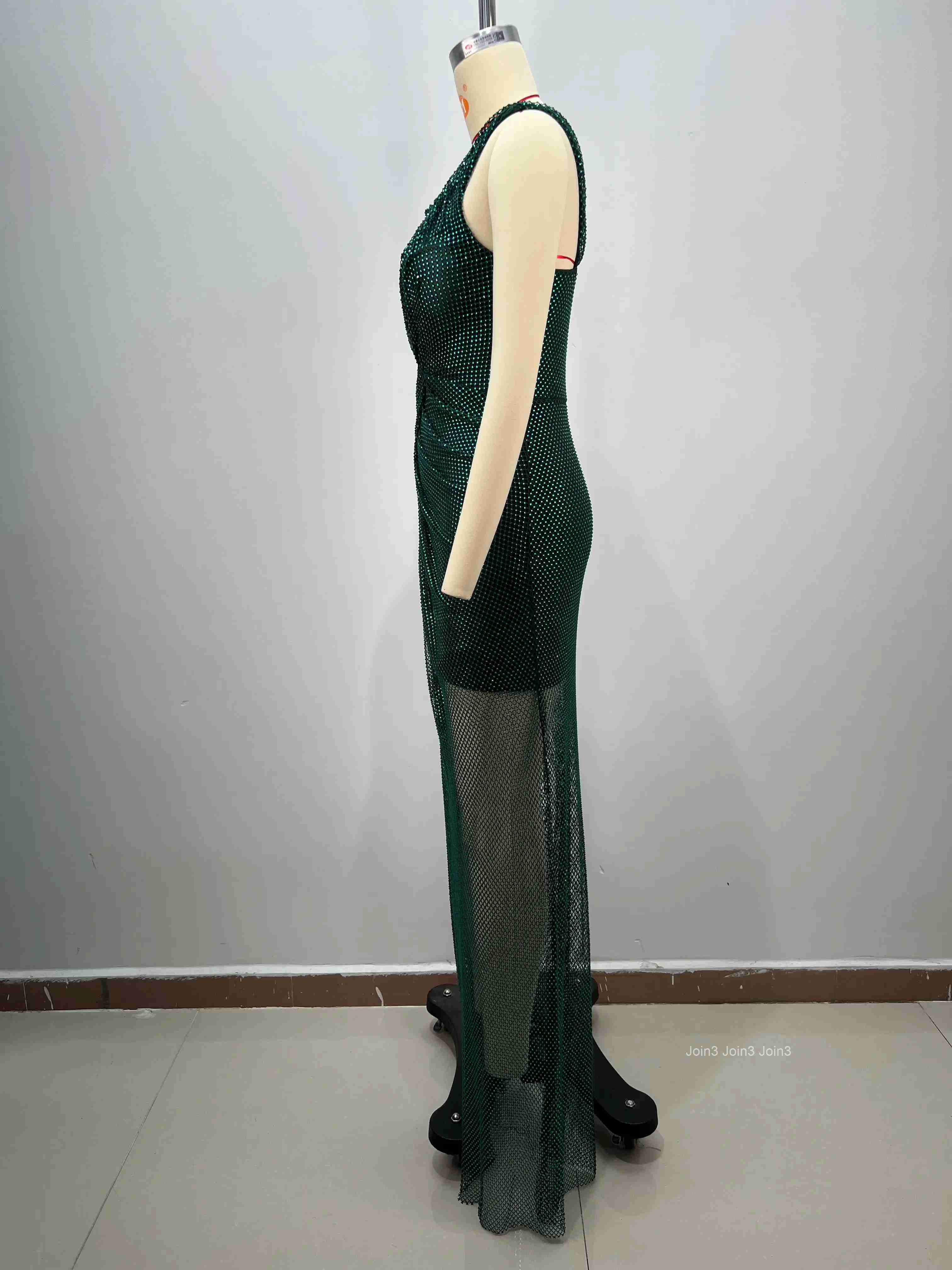 Womens Dark Green Sequin Asymmetric Bandage Dress Cross Back Cut-out Mermaid Evening Gown Sheer Tulle Formal Party Dress
