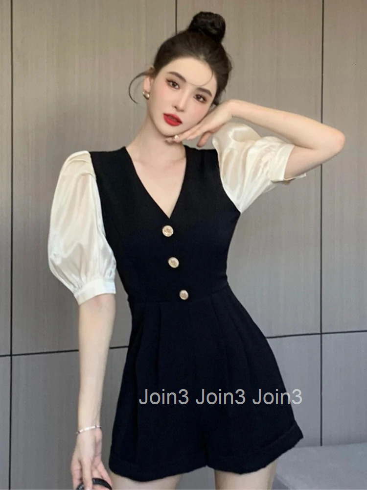 Korean Women One Piece Jumpsuit Casual Vintage V-Neck Puff Sleeve Lady Mujer High Waist Folds Slim Shorts Romper Playsuit Summer