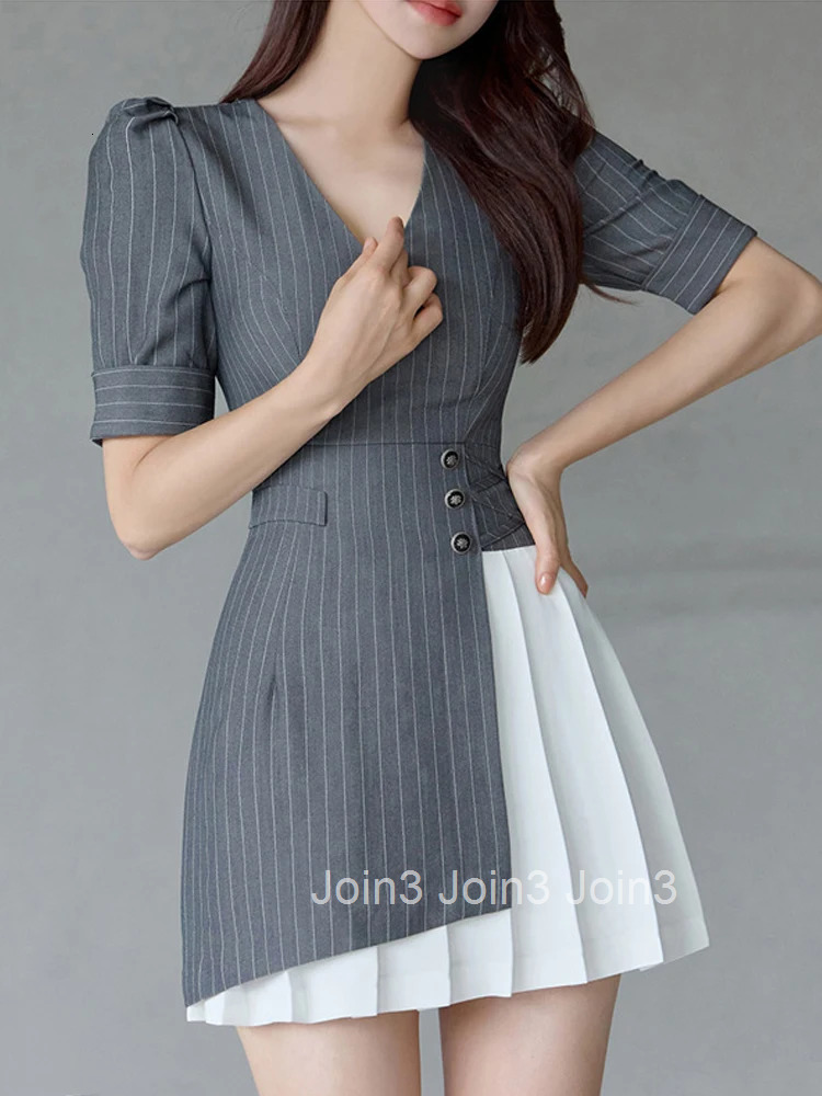 Fashion Vintage Work Style Formal Striped Asymmetrical Short Dress Women Clothes Elegant Office Puff Sleeve Slim Mini Vestidos