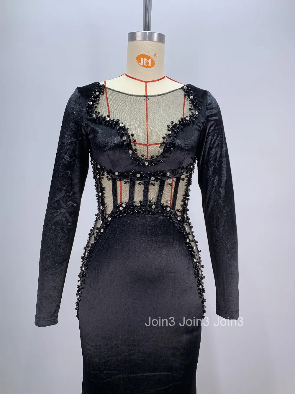 Autumn New Black Long Sleeve Beading Diamonds Embelling Trumpet Dress For Women Sexy Gauze Slim Club Party Clothing 72h Shipment