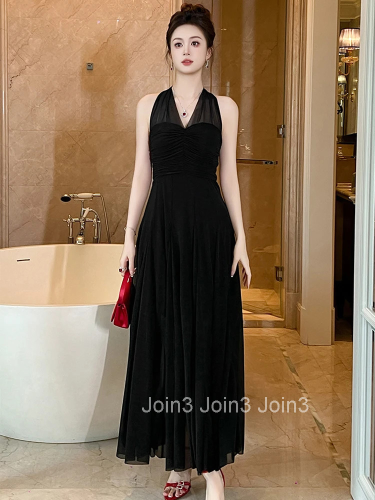 Summer Fashion Black Mesh Vacation Evening Dress Women Clothes Sexy Halter Backless Slim Folds Maxi Long Robe Party Prom Vestido