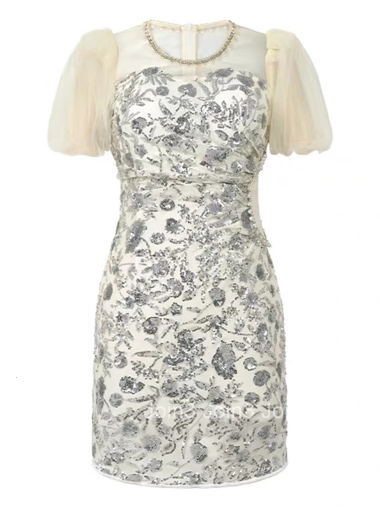 New Summer Retro Elegant Luxury Mesh Silver Sequin Evening Dress Women Clothes Sheer Sexy Short Sleeve Slim Party Prom Vestidos