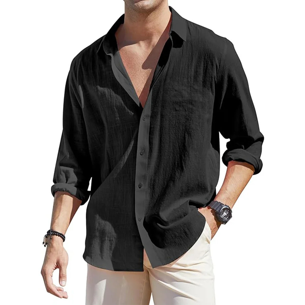 Mens Loose-Fit Long-Sleeve Cotton Linen Shirts for Men Business Casual Button Down Shirt Lightweight Breathable Vacation 250618